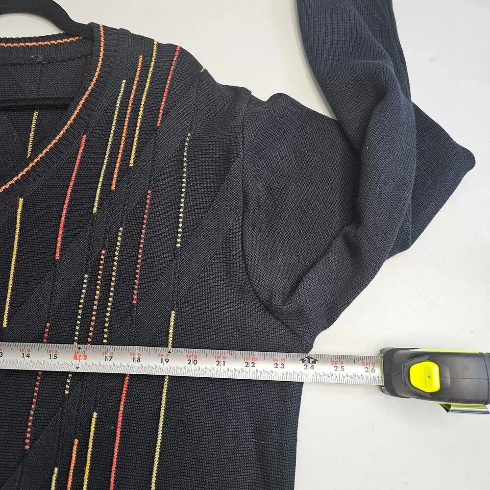 Sweater Mens Large Black Orange Yellow 3D Knit Long Sleeve Pullover Cosby VNeck